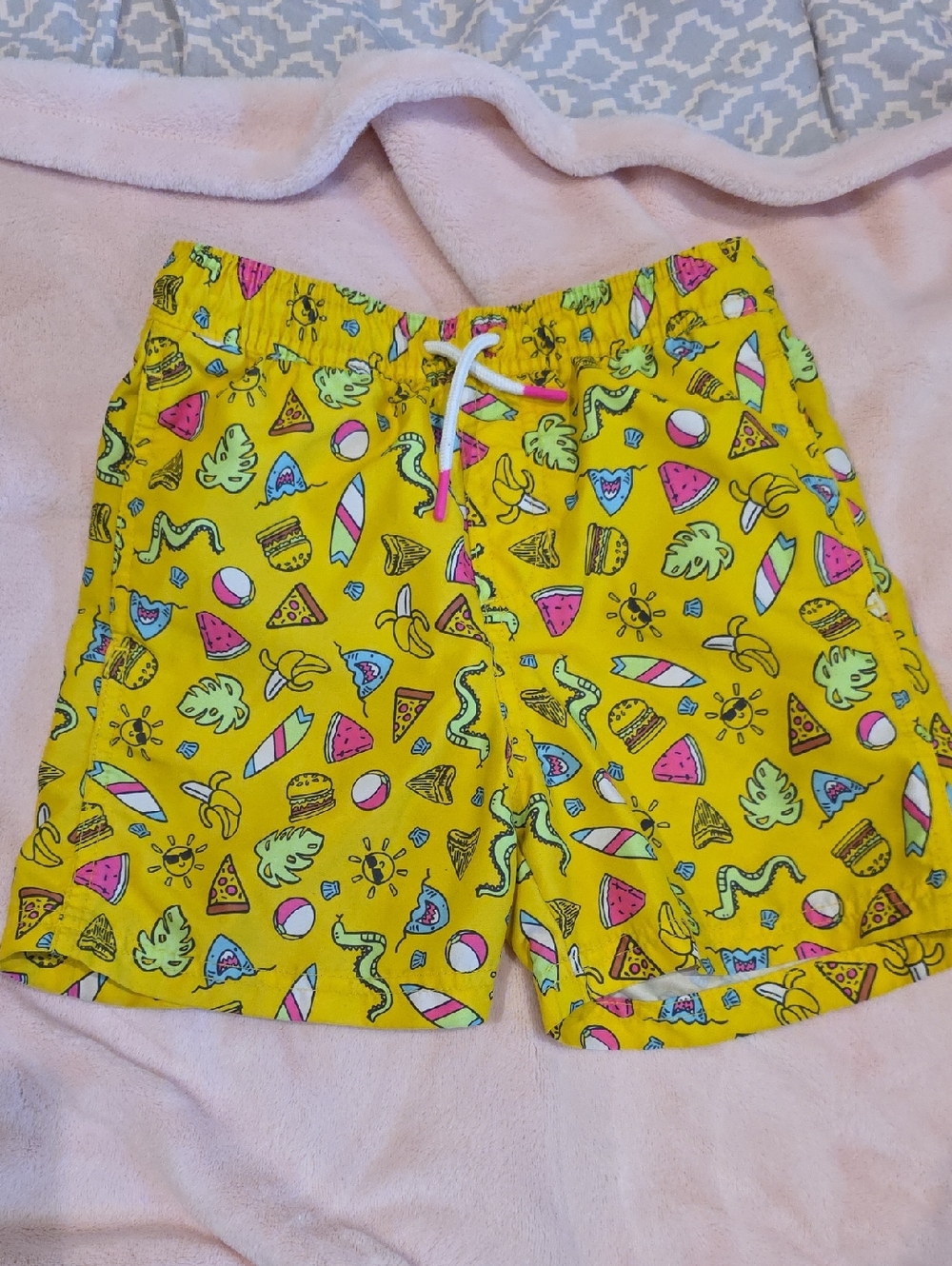 Cat & Jack Yellow Kids Swim Trunks with Pink, Blue & Green Icons